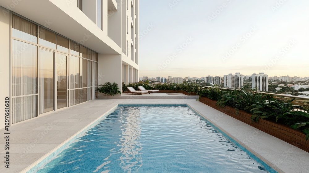 Obraz premium Relaxing spa resort suite with private hot tub in urban setting