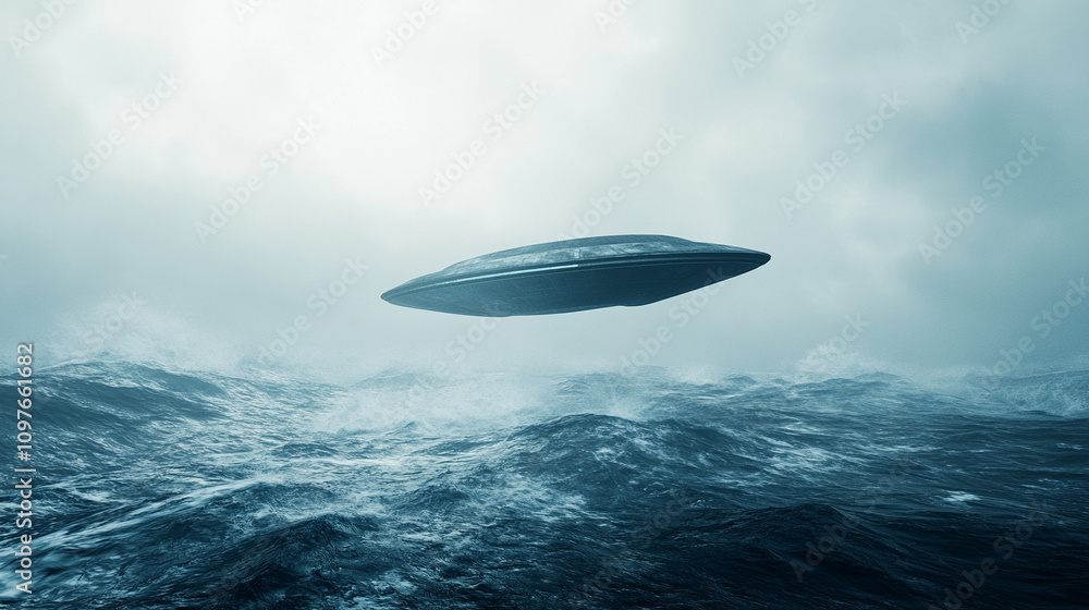 mysterious alien spaceship hovers above a vast ocean, casting an eerie glow as it moves silently across the night sky, evoking feelings of wonder and the unknown
