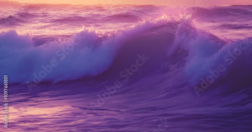 A large wave crashes in a purple and pink ocean at sunset