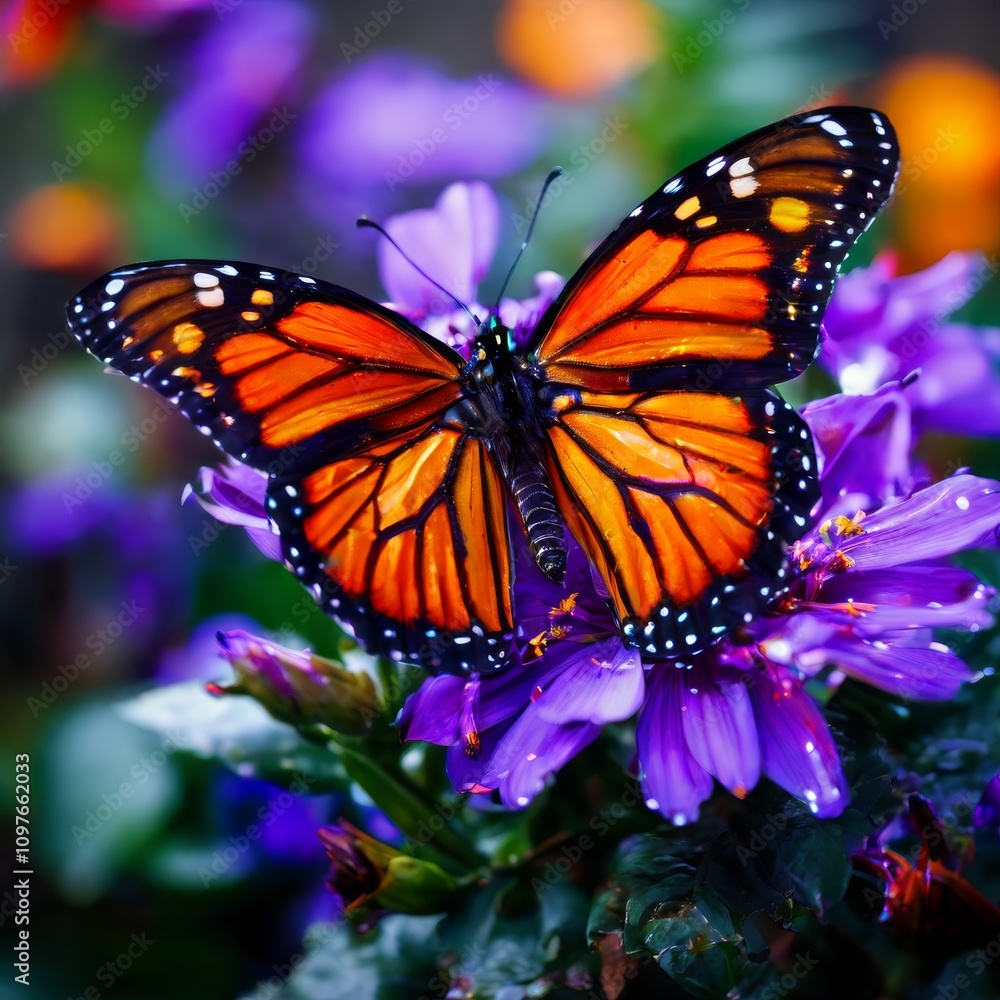 Close-up of a striking orange and black monarch butterfly perched on vivid purple flowers. The vibrant colors and detailed textures capture the essence of nature, ideal for nature or wildlife themes Close-up of a striking orange and black monarch butterfly perched on vivid purple flowers. The vibrant colors and detailed textures capture the essence of nature, ideal for nature or wildlife themes
