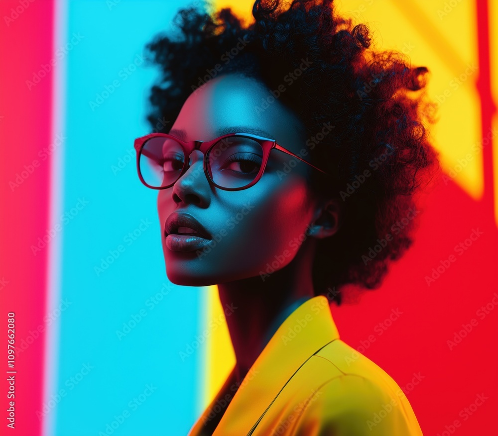Beautiful African American model in neon light. Colorful portrait for magazine cover, hyperrealistic photography, photorealism. Beautiful African American model in neon light. Colorful portrait for magazine cover, hyperrealistic photography, photorealism.