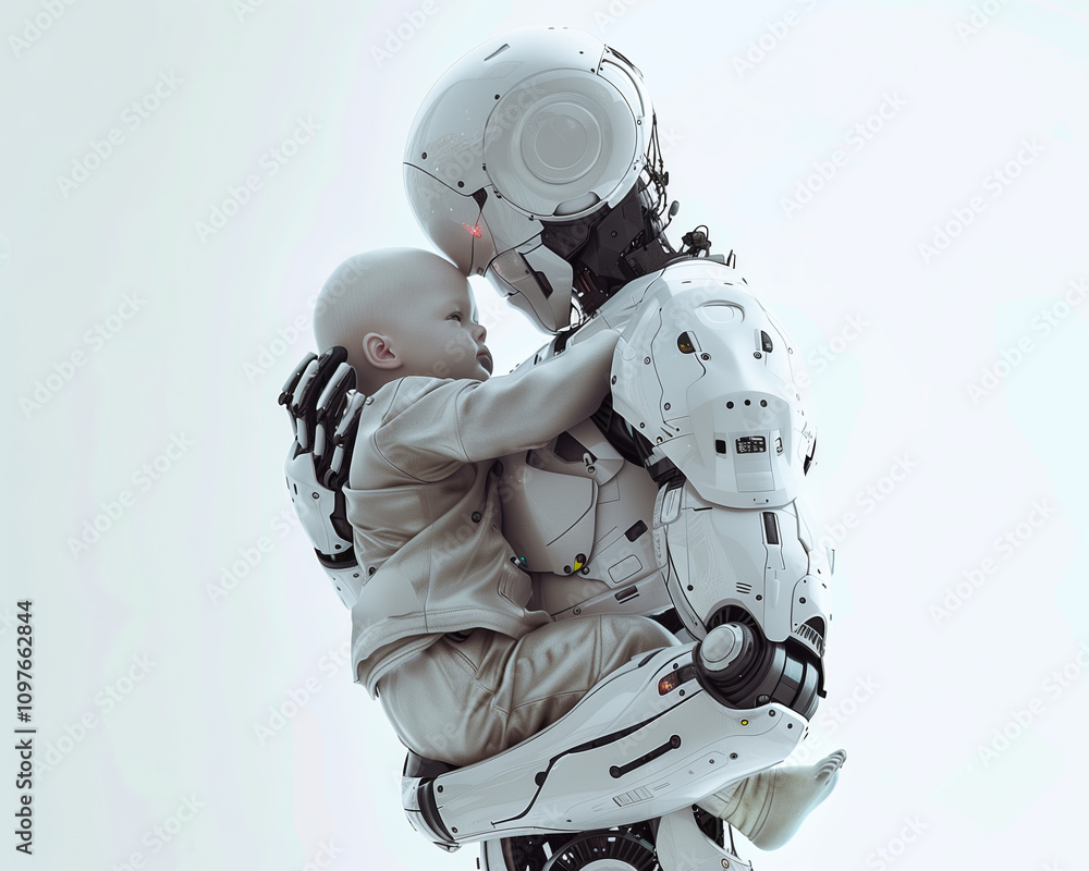 Future concept mother robot as human woman with human child Future concept mother robot as human woman with human child