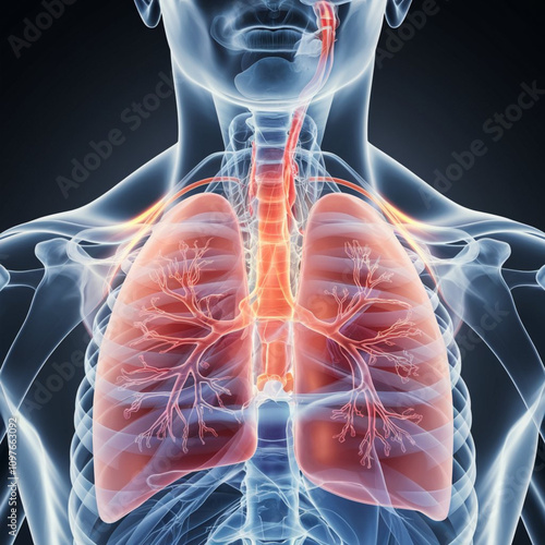 render of the respiratory system in motion with the diaphragm contracting and expanding photo