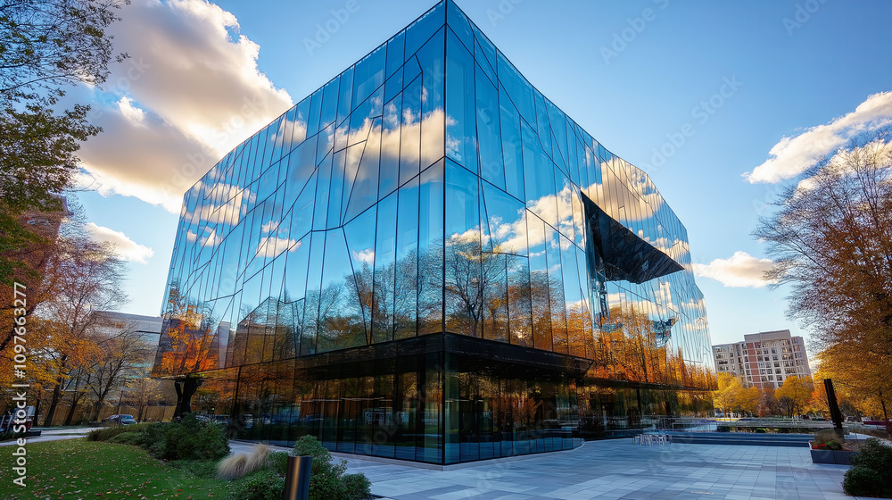 Fototapeta premium Close-up of a modern glass building reflecting the sky in clean, angular lines.