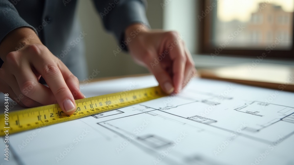 Measuring tape for interior design planning. Hands measure a detailed architectural blueprint with a yellow tape measure on a sunlit desk, focusing on precision. Measuring tape for interior design planning. Hands measure a detailed architectural blueprint with a yellow tape measure on a sunlit desk, focusing on precision.