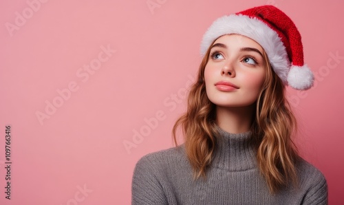 Young woman in Christmas hat on pink background, holiday concept