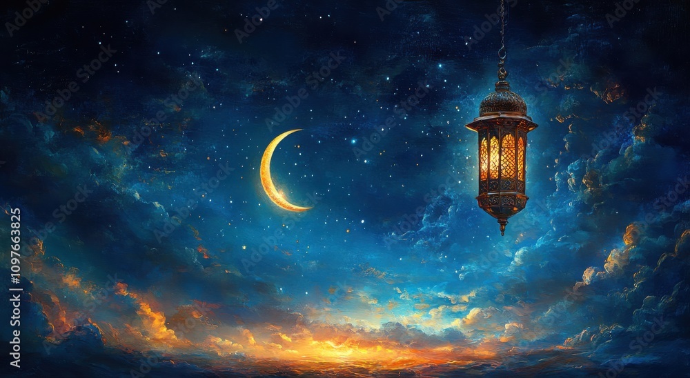 Serene Night Sky with Lantern and Crescent Moon Illuminating the Tranquil Horizon Amidst a Stunning Display of Stars and Colorful Clouds Serene Night Sky with Lantern and Crescent Moon Illuminating the Tranquil Horizon Amidst a Stunning Display of Stars and Colorful Clouds