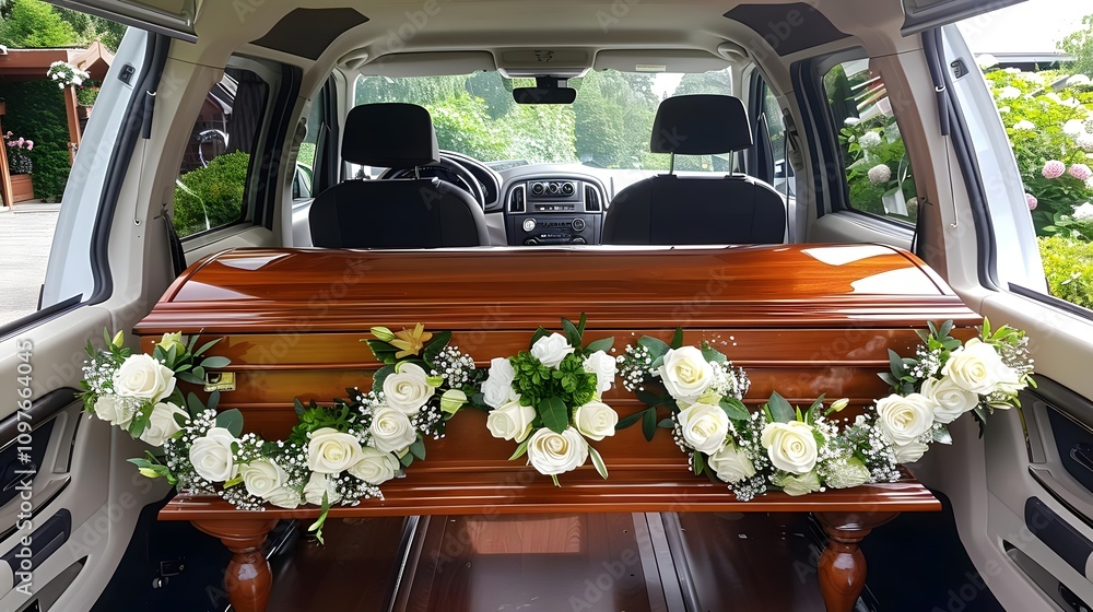 A wooden coffin adorned with white flowers inside a vehicle, likely for a funeral. A wooden coffin adorned with white flowers inside a vehicle, likely for a funeral.