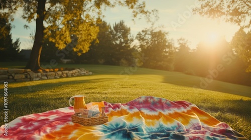 Fototapeta Naklejka Na Ścianę i Meble -  Colorful Tie-Dye Picnic Blanket on Green Grass Under Warm Sunset Sky with Beverage and Snacks in a Peaceful Park Setting