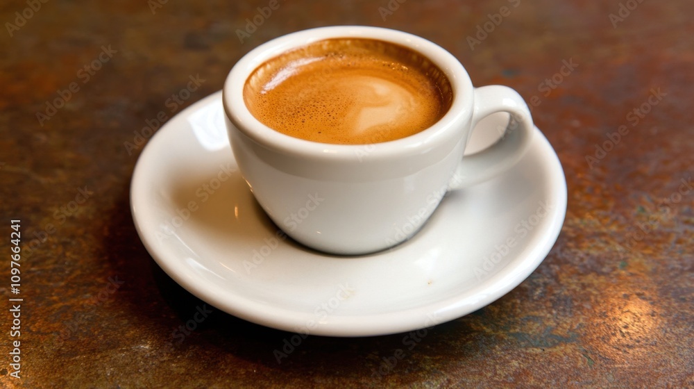 A small white cup of espresso on a saucer, placed on a rustic surface. A small white cup of espresso on a saucer, placed on a rustic surface.