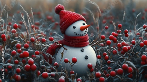 A snowman with a red hat and scarf is standing in a field of berries. The image has a festive and cheerful mood, as it captures the essence of the holiday season photo