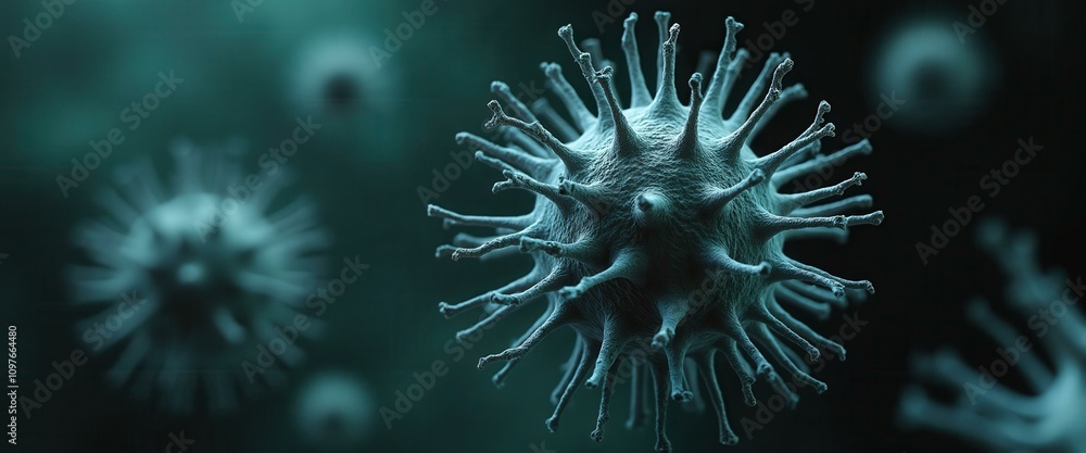 Fototapeta premium Microscopic Virus, Close-up 3D Rendering of a Virus Particle, Conceptual Image for Scientific Research, Medicine, and Healthcare.