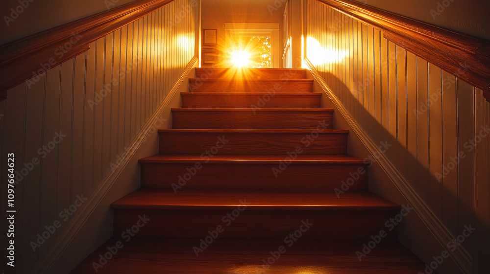 Fototapeta premium Sunlit wooden stairs gracefully ascending within a cozy home radiate warmth and comfort inviting one to rise upward symbolizing progress hope and the welcoming embrace of a familiar living space