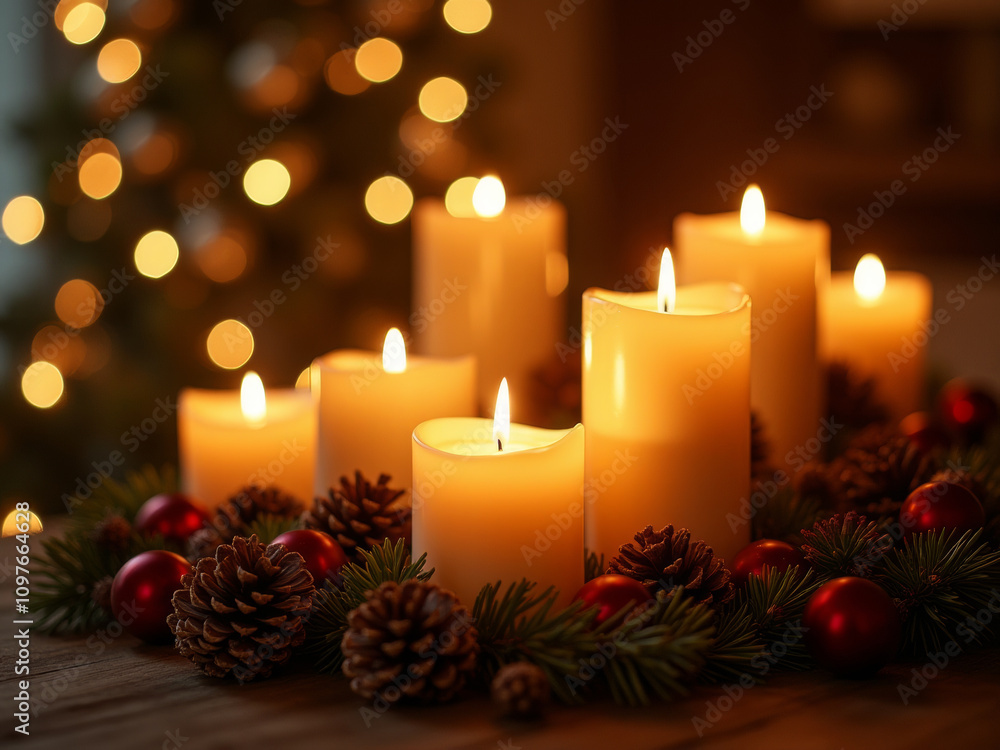 A collection of lit candles, pine cones, and red berries sprigs on a wooden tray A collection of lit candles, pine cones, and red berries sprigs on a wooden tray