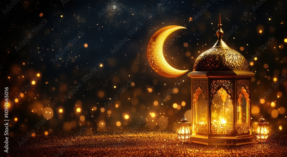 Stunning Night Scene Featuring Ornately Designed Lantern with Warm Glow, Crescent Moon, and Sparkling Bokeh Background for Festive and Cultural Themes Stunning Night Scene Featuring Ornately Designed Lantern with Warm Glow, Crescent Moon, and Sparkling Bokeh Background for Festive and Cultural Themes