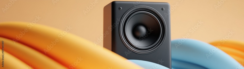 A sleek black speaker positioned against vibrant, colorful waves, showcasing modern design and audio technology. A sleek black speaker positioned against vibrant, colorful waves, showcasing modern design and audio technology.