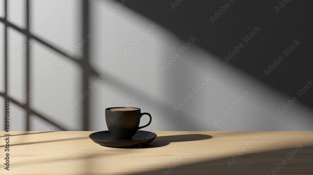 A minimalist scene featuring a coffee cup on a wooden table with shadows from a window. A minimalist scene featuring a coffee cup on a wooden table with shadows from a window.