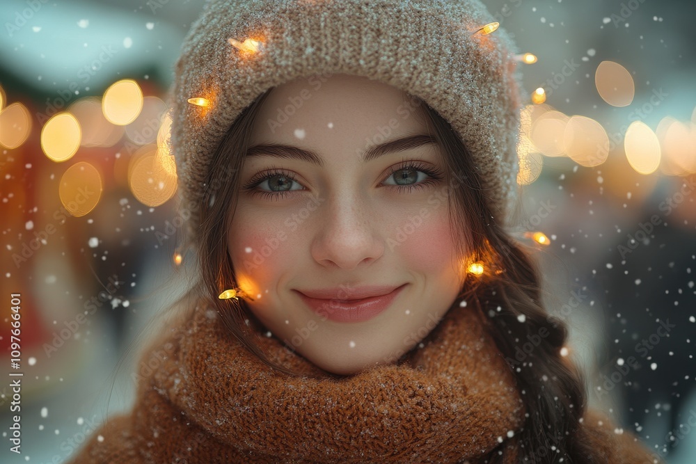Young woman holds fairy lights near her face, glowing against a serene winter backdrop. Young woman holds fairy lights near her face, glowing against a serene winter backdrop.
