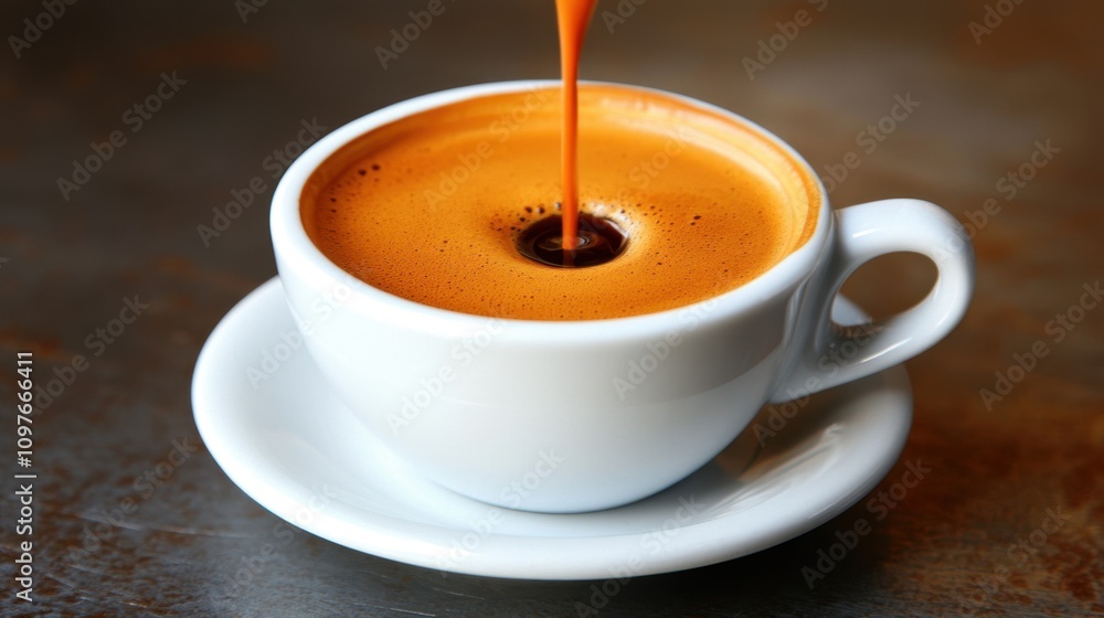 A close-up of espresso coffee being poured into a white cup. A close-up of espresso coffee being poured into a white cup.