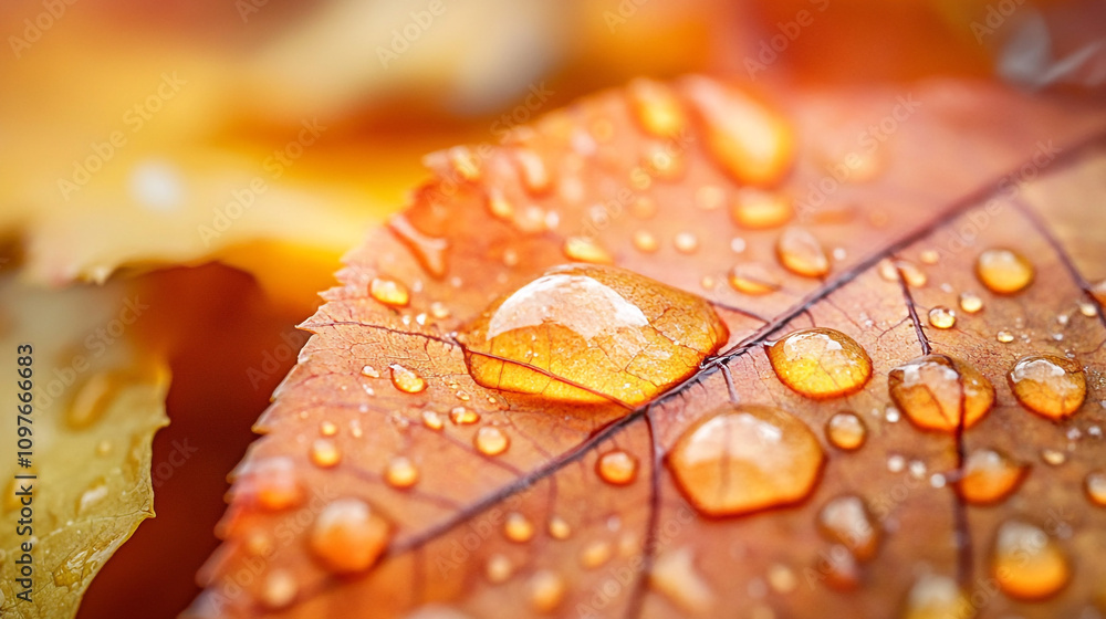 Autumn Essence with Dew-Kissed Leaves in Focus. Experience the serene beauty of fall as dewdrops rest delicately on vibrant autumn leaves Autumn Essence with Dew-Kissed Leaves in Focus. Experience the serene beauty of fall as dewdrops rest delicately on vibrant autumn leaves
