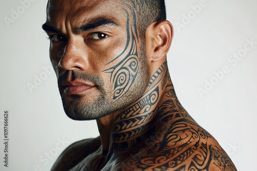 Intense man with full tribal tattoos gazes fiercely photo