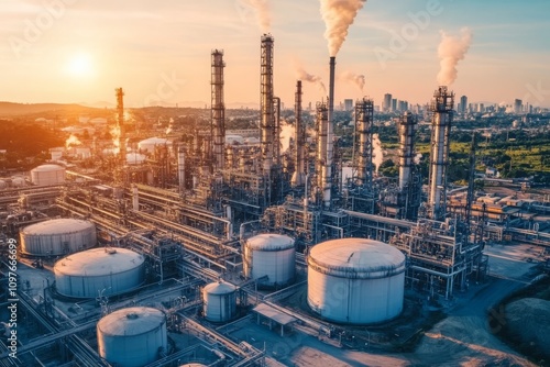 An oil and gas refinery plant with storage tank.