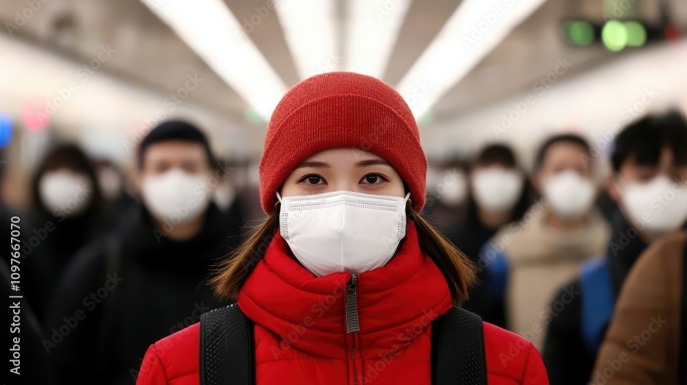 A woman in a red coat and hat stands in a crowd wearing masks, highlighting themes of health and social distancing in a public space. A woman in a red coat and hat stands in a crowd wearing masks, highlighting themes of health and social distancing in a public space.