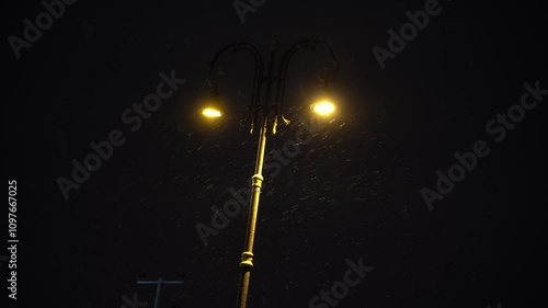 Real snowfall at night and street light in the center of frame.