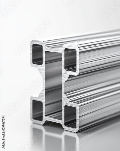 A close-up view of a metallic structural component featuring an H-beam design, showcasing its smooth surface and intricate detailing.