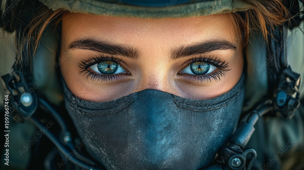 woman's intense eyes seen through the visor of a fighter jet helmet symbolizing strength focus and determination with reflections suggesting the world of aviation and adventure woman's intense eyes seen through the visor of a fighter jet helmet symbolizing strength focus and determination with reflections suggesting the world of aviation and adventure