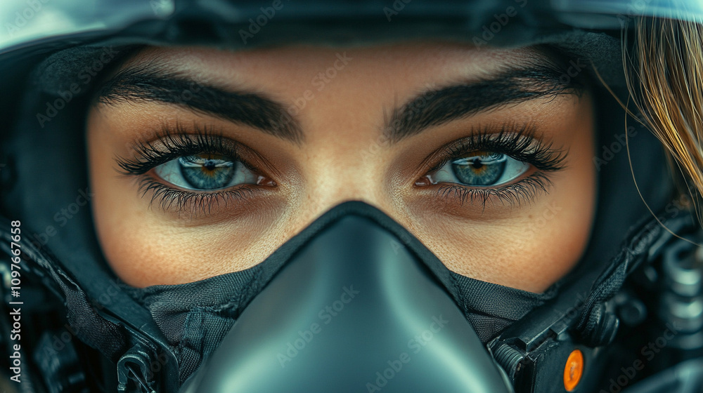 woman's intense eyes seen through the visor of a fighter jet helmet symbolizing strength focus and determination with reflections suggesting the world of aviation and adventure woman's intense eyes seen through the visor of a fighter jet helmet symbolizing strength focus and determination with reflections suggesting the world of aviation and adventure