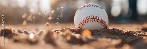 A lone baseball sits on a dusty field as the sun sets, capturing the timeless essence of the game and the calmness enveloping a post-playday moment of reflection. photo