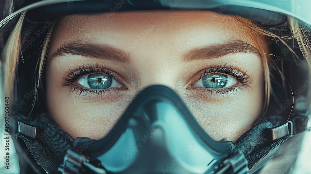 woman's intense eyes seen through the visor of a fighter jet helmet symbolizing strength focus and determination with reflections suggesting the world of aviation and adventure woman's intense eyes seen through the visor of a fighter jet helmet symbolizing strength focus and determination with reflections suggesting the world of aviation and adventure