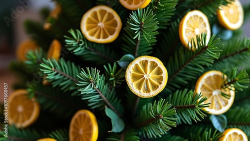 Close-up Exotic Christmas Tree Decorated with Green Leaves and Dried Lemon Slices