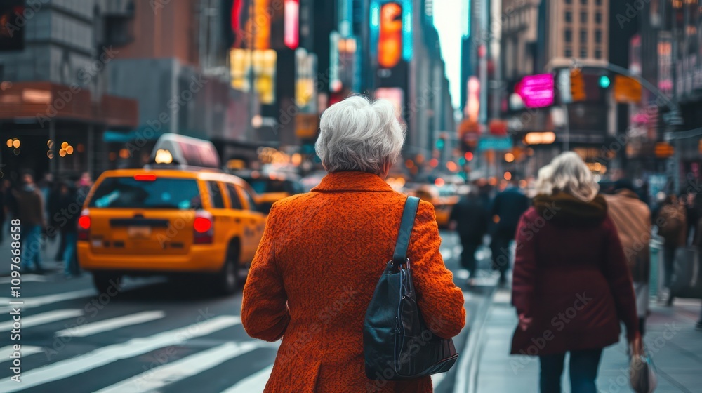 Elderly woman strolling through bustling streets in New York, USA, reflecting grace and resilience Elderly woman strolling through bustling streets in New York, USA, reflecting grace and resilience
