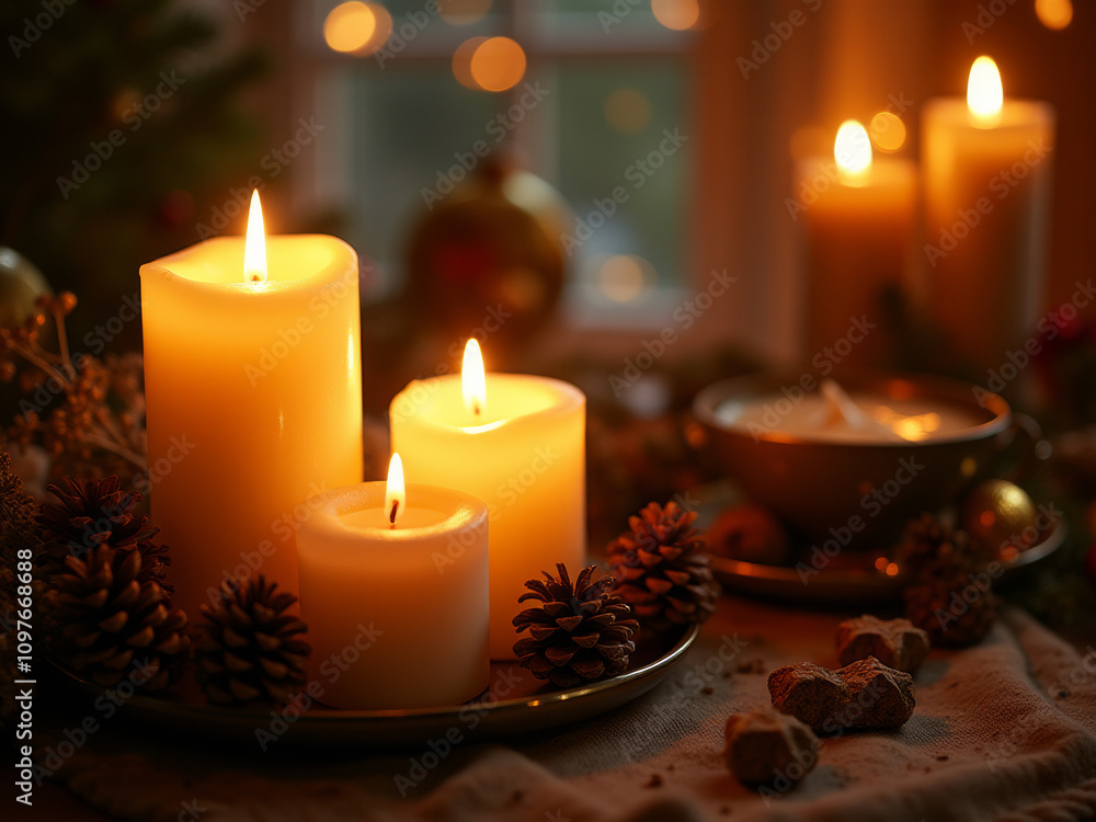 A collection of lit candles, pine cones, and red berries sprigs on a wooden tray A collection of lit candles, pine cones, and red berries sprigs on a wooden tray
