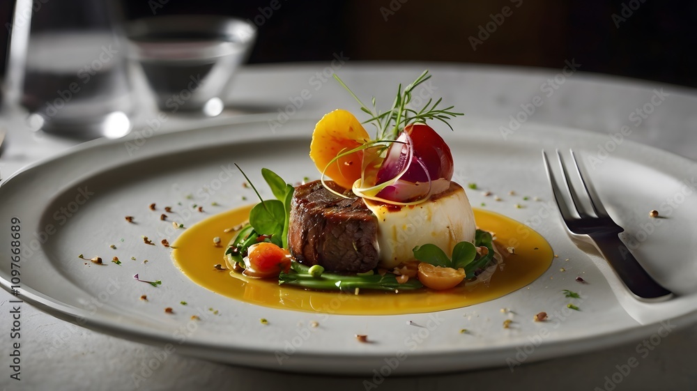Elegant culinary dish served on a modern plate showcasing vibrant colors and intricate presentation Elegant culinary dish served on a modern plate showcasing vibrant colors and intricate presentation