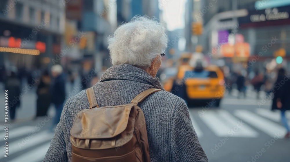 Elderly woman strolling through bustling streets in New York, USA, reflecting grace and resilience Elderly woman strolling through bustling streets in New York, USA, reflecting grace and resilience