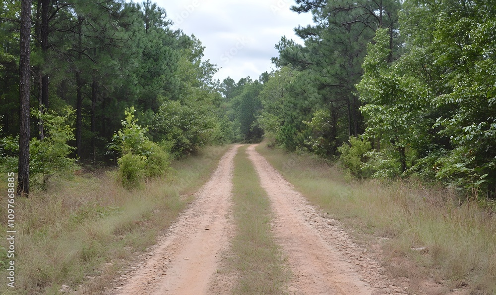 A forest road leading to a dirt road, Generative AI A forest road leading to a dirt road, Generative AI