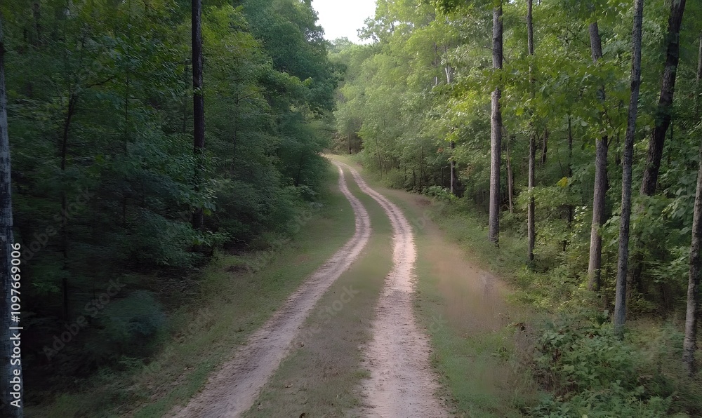 Fototapeta premium A forest road leading to a dirt road, Generative AI 