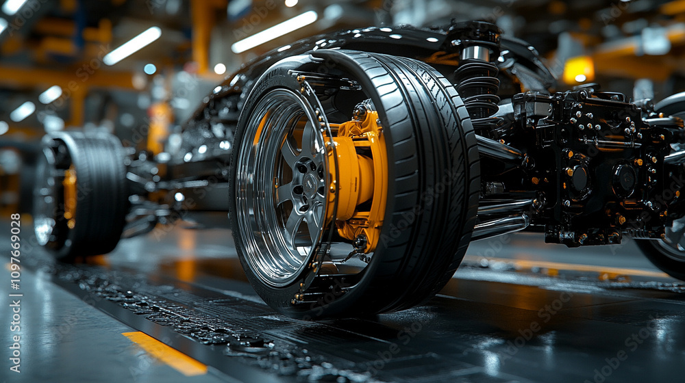 Fototapeta premium A detailed view of a car's suspension system, highlighting the mechanics and engineering precision, showcasing the vehicle's structural components and stability, emphasizing automotive craftsmanship