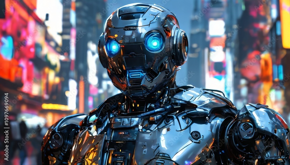 A detailed rendering of a futuristic robot standing in a neon-lit city. The metallic surface reflects the bright city lights, creating a cyberpunk atmosphere that. AI Generation A detailed rendering of a futuristic robot standing in a neon-lit city. The metallic surface reflects the bright city lights, creating a cyberpunk atmosphere that. AI Generation
