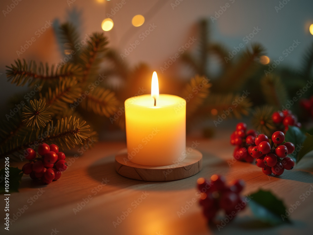 A collection of lit candles, pine cones, and red berries sprigs on a wooden tray A collection of lit candles, pine cones, and red berries sprigs on a wooden tray