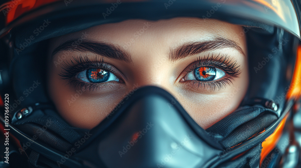 woman's intense eyes seen through the visor of a fighter jet helmet symbolizing strength focus and determination with reflections suggesting the world of aviation and adventure woman's intense eyes seen through the visor of a fighter jet helmet symbolizing strength focus and determination with reflections suggesting the world of aviation and adventure