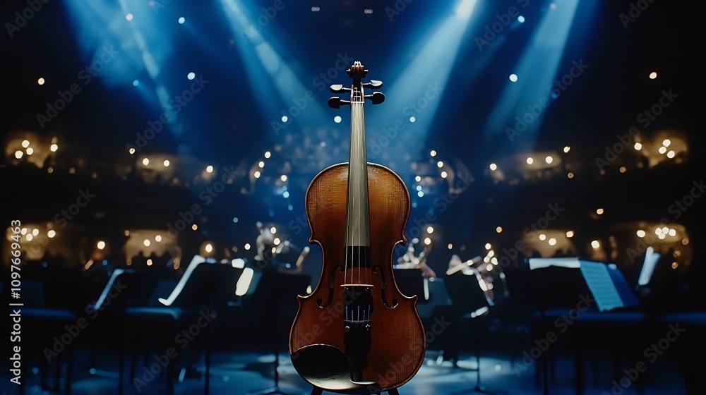 Fototapeta premium Close up shot of a sleek polished violin taking center stage under dramatic spotlights setting the scene for a captivating and virtuosic musical performance