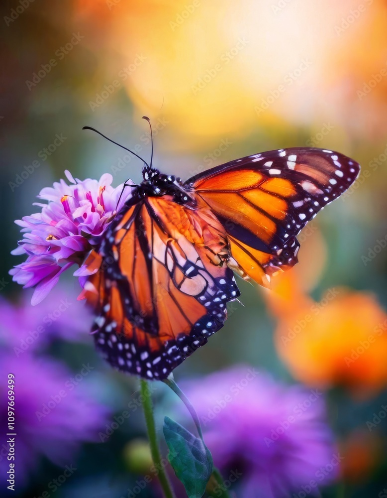 Fototapeta premium A stunning close-up of a monarch butterfly perched on a pink flower, set against a vibrant and colorful garden background. The soft focus highlights the butterfly's delicate beauty.. AI Generation