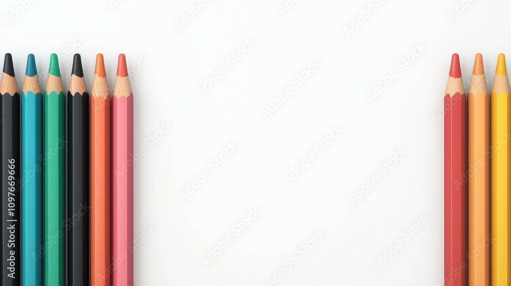 Fototapeta premium A Colorful Arrangement of Colored Pencils on a Minimalist White Background, Perfect for Arts, Creativity, School Supplies, and Design Projects