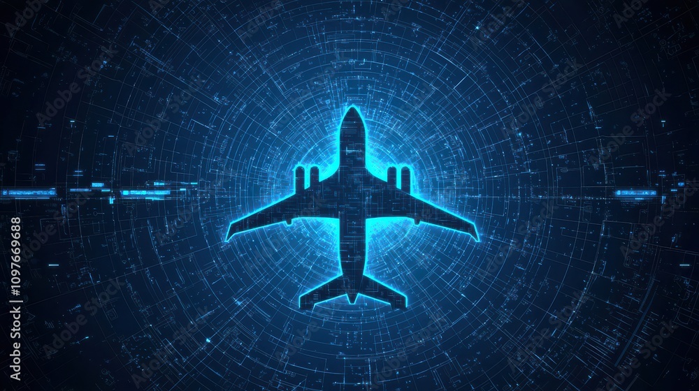 A digital representation of an airplane surrounded by a blue, tech-inspired background, symbolizing aviation and technology in modern travel. A digital representation of an airplane surrounded by a blue, tech-inspired background, symbolizing aviation and technology in modern travel.