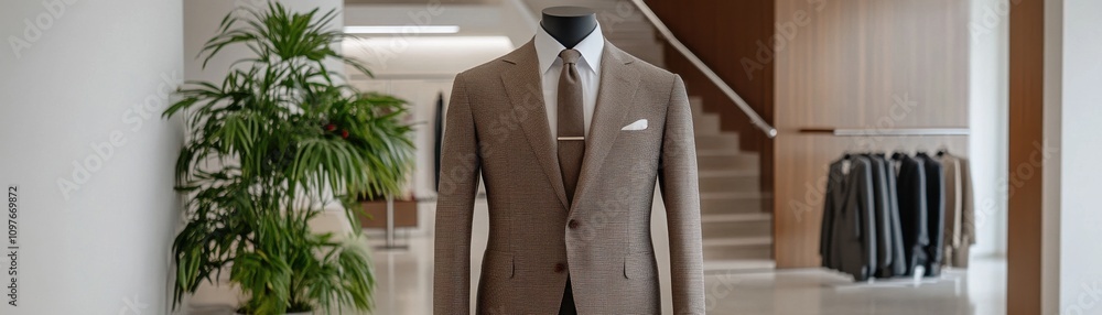 A stylish brown suit displayed on a mannequin in a modern retail space, complemented by lush greenery and a backdrop of neatly hung garments. A stylish brown suit displayed on a mannequin in a modern retail space, complemented by lush greenery and a backdrop of neatly hung garments.