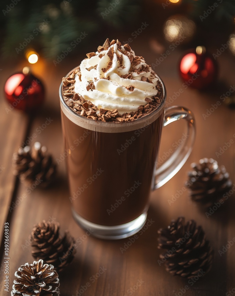Warm and Cozy Hot Chocolate with Whipped Cream and Chocolate Shavings, Perfect for Winter Holidays, Surrounded by Pine Cones and Christmas Ornaments Warm and Cozy Hot Chocolate with Whipped Cream and Chocolate Shavings, Perfect for Winter Holidays, Surrounded by Pine Cones and Christmas Ornaments